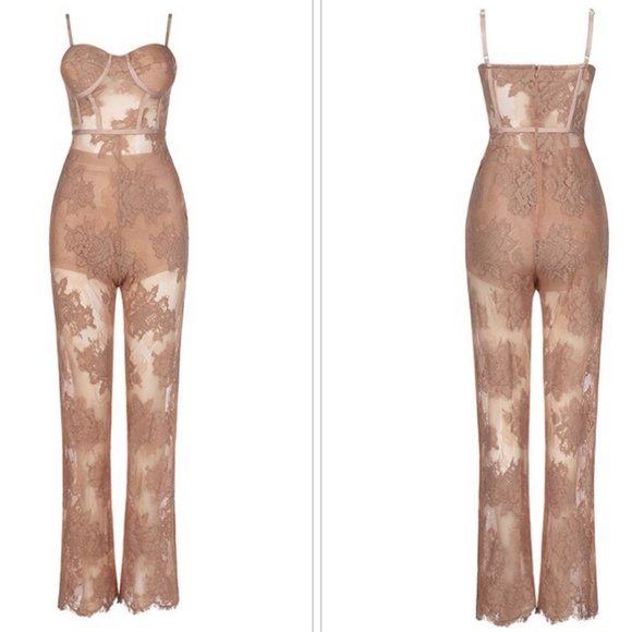 NUDE LACE BANDAGE JUMPSUIT BEIGE CORSET PANTSUIT - Picture 6 of 10